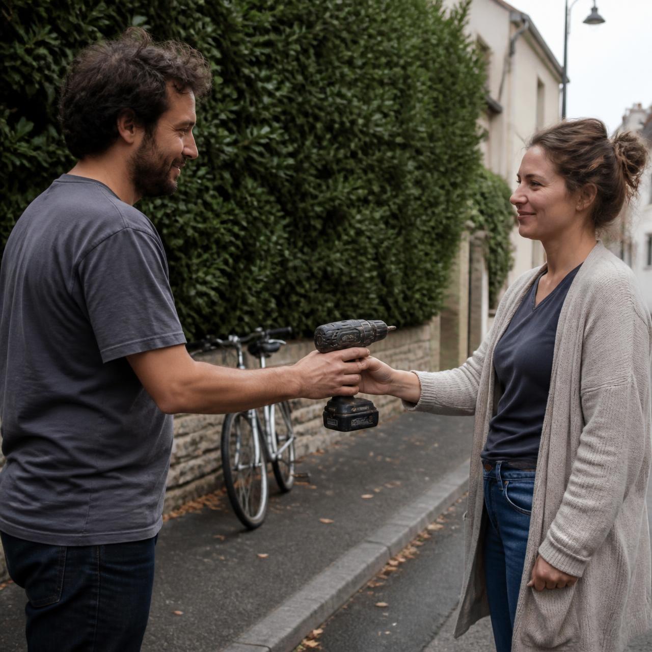 Deux voisins qui échangent une perceuse dans la rue